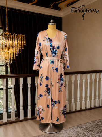 11001-Womens Floral Satin Nightdress with Robe Set