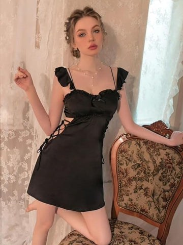 11036 - Women Black Satin Nightdress with Lace-Up Detail & Robe Set
