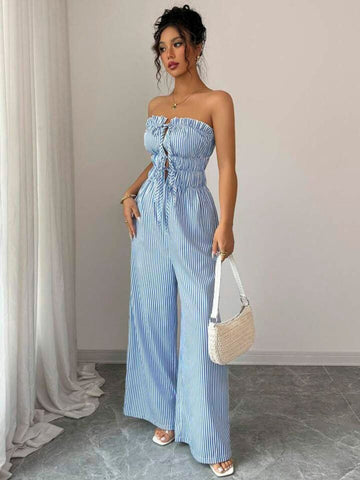 11038 - Women sky blue & White Striped Cotton Night Suit