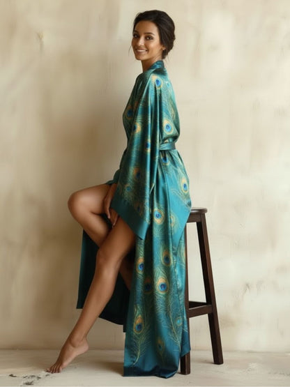11027 - Women Teal Blue Peacock Feather Print Longline Kimono