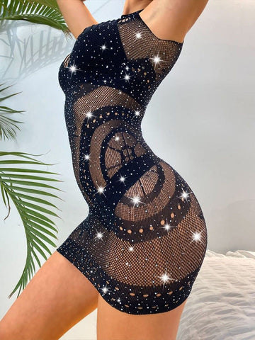 8001 - Women Black Embellished Fishnet Bodycon Mini Dress with Cut-Out Detail