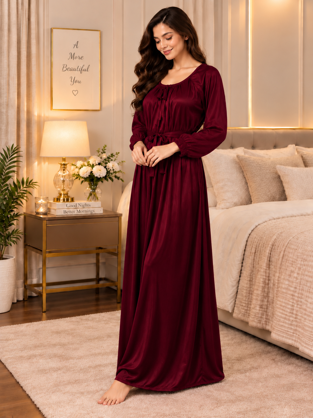 11065-Women Solid Satin Full-Length Night Dress.