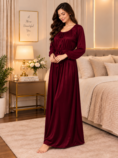 11065-Women Solid Satin Full-Length Night Dress.