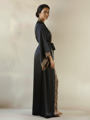 11027 - Women Black Satin Long Night Robe with Leopard Print Trim