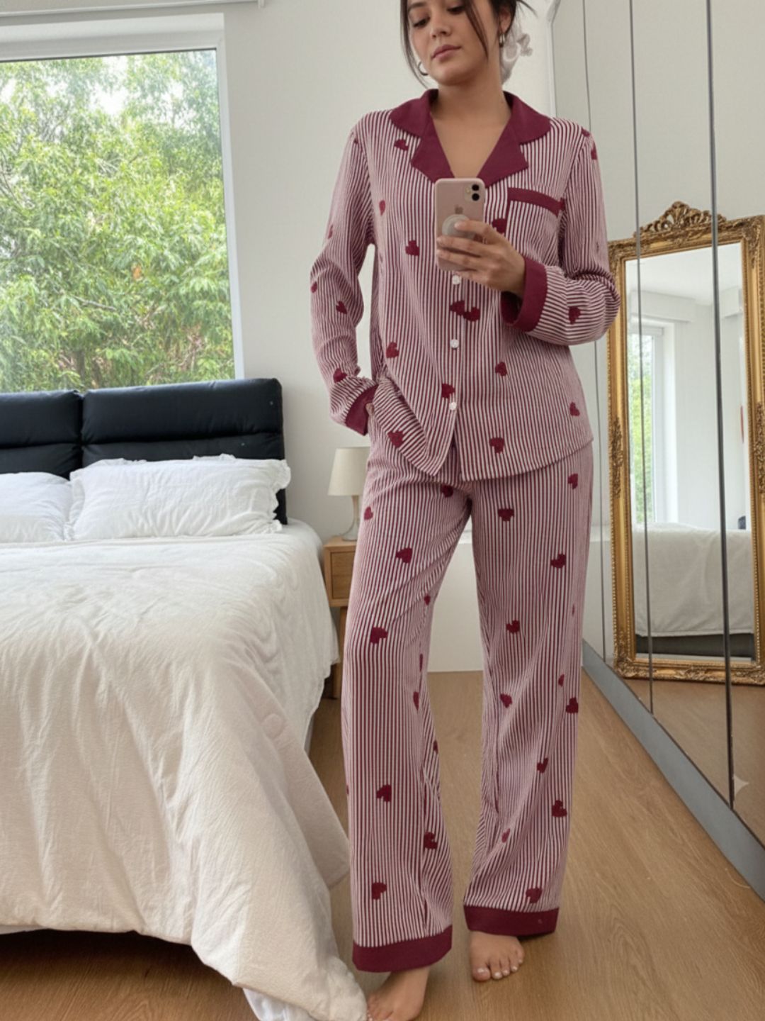 11016-Women Black & White Striped Heart Print Comfortable Shirt & Pyjama Nightwear Set