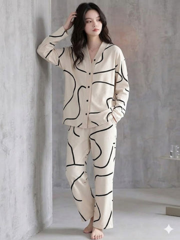 11034-Women Cream Abstract Printed Shirt Collar Night Suit Set