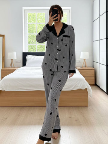 11016-Women Black & White Striped Heart Print Comfortable Shirt & Pyjama Nightwear Set