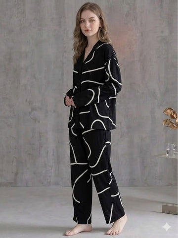 11034-Women Black Abstract Printed Shirt Collar Night Suit Set