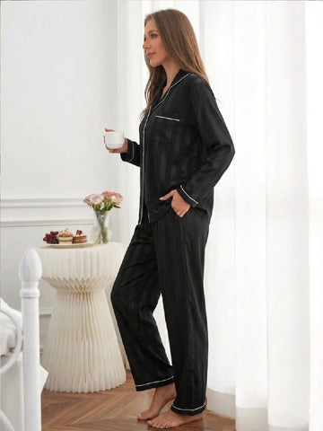 11013-Women Black Satin Finish Shirt & Pyjama Night Suit Set