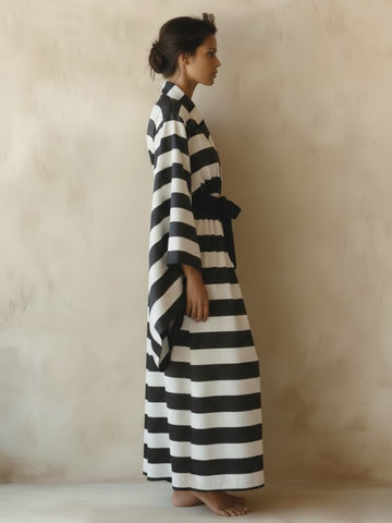 11027 - Women Black & White Striped Satin Wrap Style Loungewear Robe