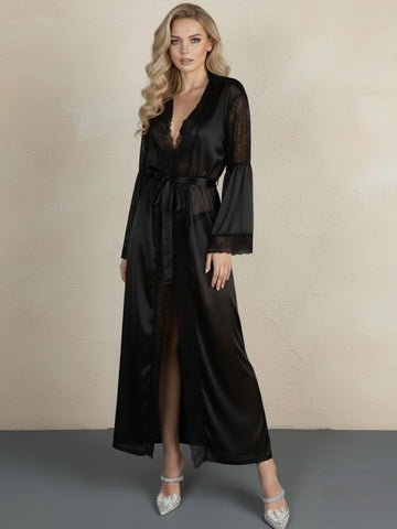 11037 - Women Black Sheer Lace Longline Night Robe with Waist Tie-Up