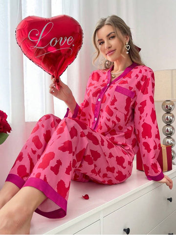 11026 - Women Pink & Red Animal Print Button-Down Night Suit