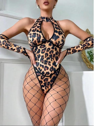 130-Leopard Print Cut-Out Bodysuit with Matching Gloves – Fierce & Flirty
