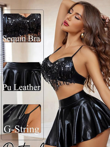 156 - Women Black Embellished Sequinned Fringe Party Wear Crop Top & Mini Skirt 2-Piece Nightwear Set