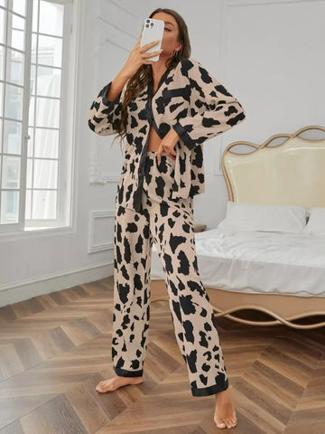 11026 - Women Cream & Black Animal Print Button-Down Night Suit