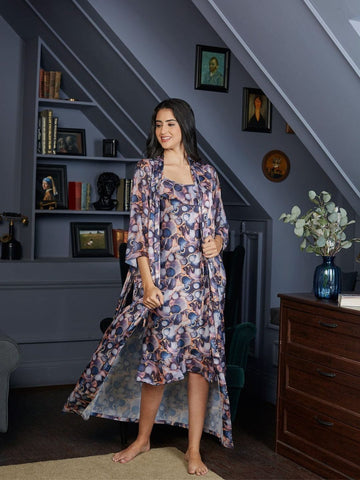 980 - Women Printed Nightdress with Coordinated Long Loungewear Robe