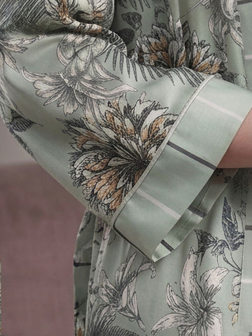 11023 - Women Grey Stripes Satin Nightdress with Floral Printed Long Robe