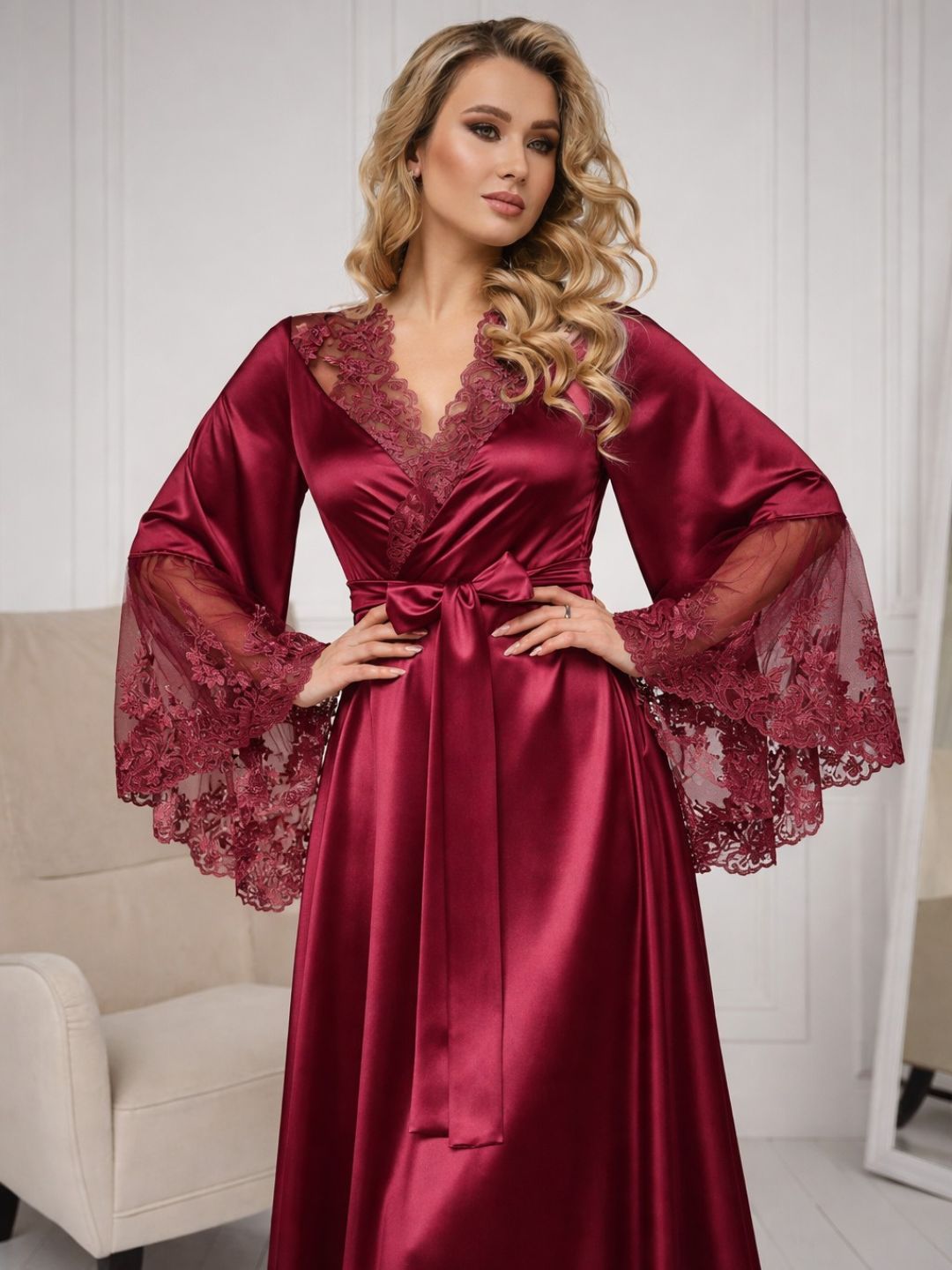 11028-Maroon Elegant Lace Trim Bridal Robe with Flared Sleeves