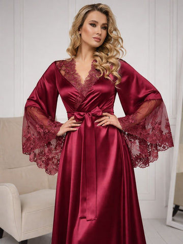 11028-Maroon Elegant Lace Trim Bridal Robe with Flared Sleeves