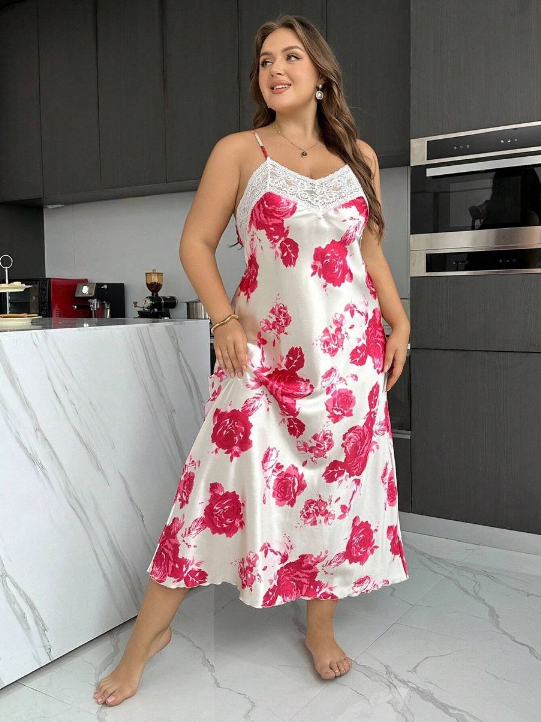11031-Women Blush Pink Floral Satin Nightwear Set with Lace Trim Robe
