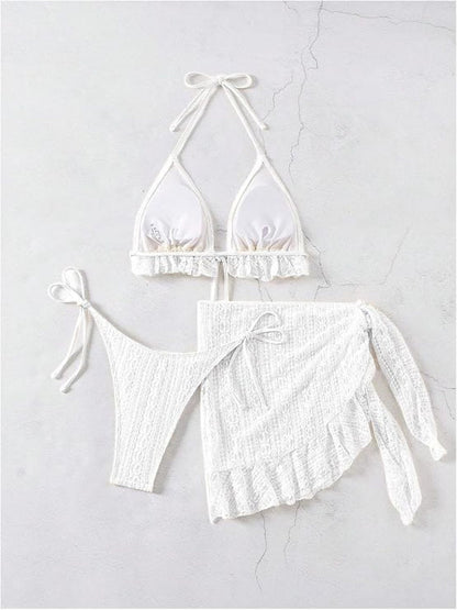 2001-White Crochet Bikini Bralette with Matching Wrap Skirt Set