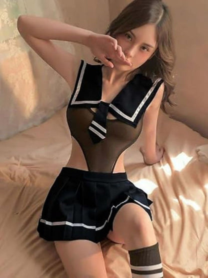 140-Maroon Sheer Mesh Schoolgirl-Inspired Babydoll Set