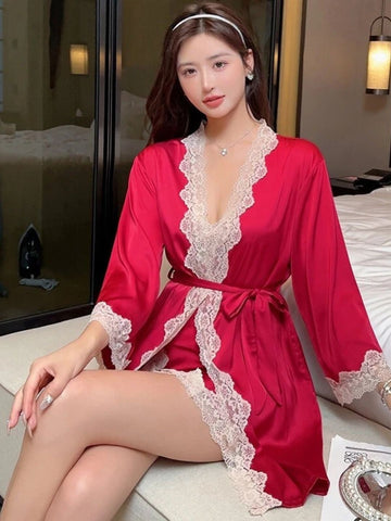 204 - Women Maroon Satin Chemise with Lace Trim & Shrug