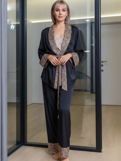 11007-Luxury Black Satin 3-Piece Nightwear Set for Women | Printed Border Robe & Pyjama Set