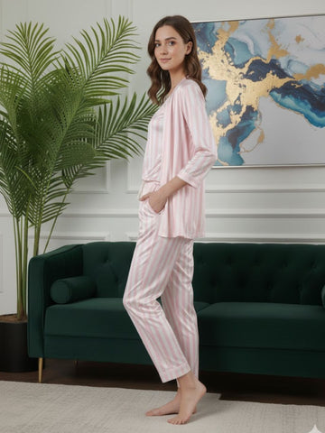 11011-PINK Women’s Satin 3 Piece Nightwear Set – Striped Camisole, Robe & Pyjama