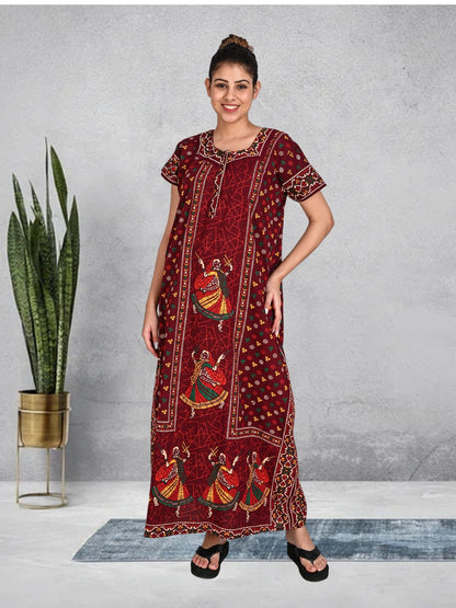 1451-Women's Pure Cotton Blended Printed Maxi Dress for Daily & Night Wear Floral Nighty