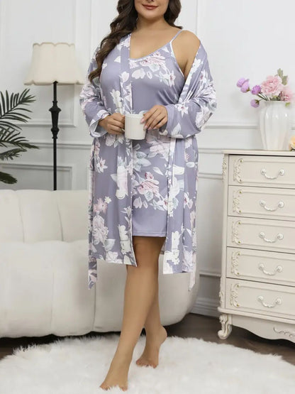11005-Lavender Floral Satin Nightwear Robe Set for Women – Comfortable & Elegant Sleepwear