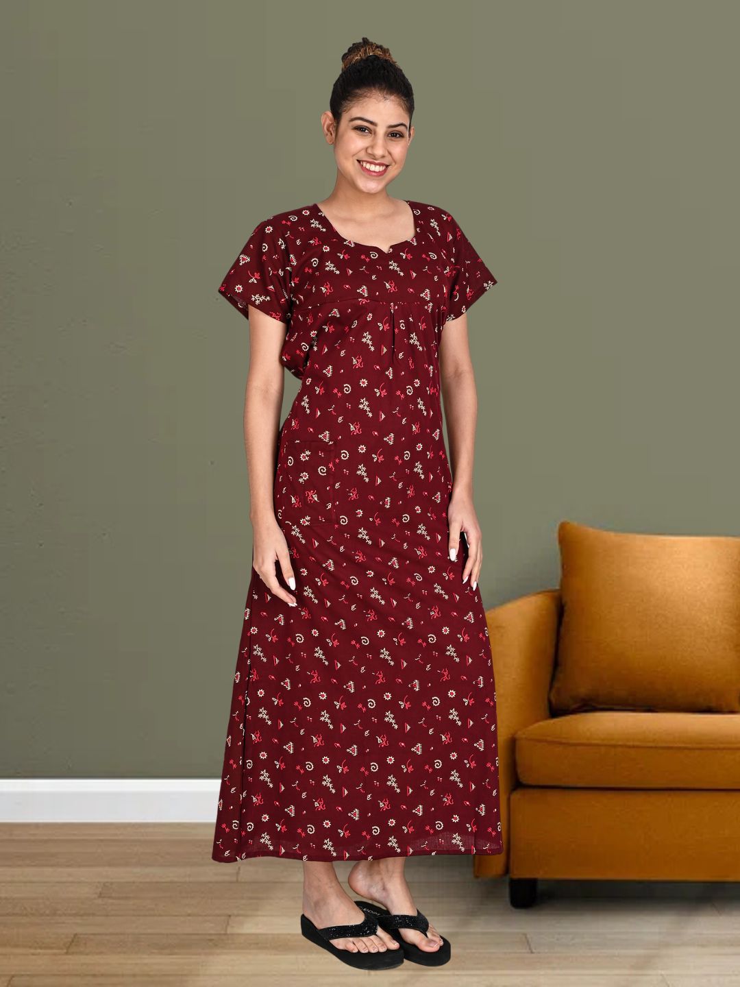 1650-Women's Pure Cotton Blended Printed Maxi Dress for Daily & Night Wear Floral Nighty