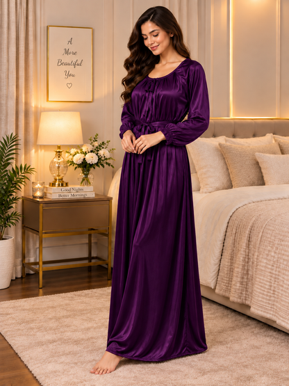 11065-Women Solid Satin Full-Length Night Dress.