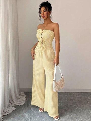 11038 - Women yellow & White Striped Cotton Night Suit