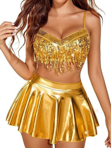 156 - Women Gold Embellished Sequinned Fringe Party Wear Crop Top & Mini Skirt 2-Piece Nightwear Set