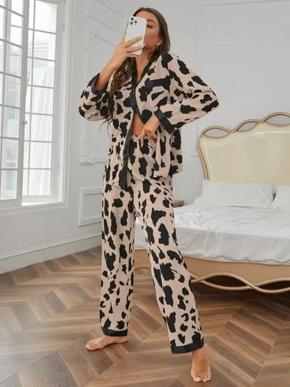 11026 - Women Brown & Black Animal Print Button-Down Night Suit
