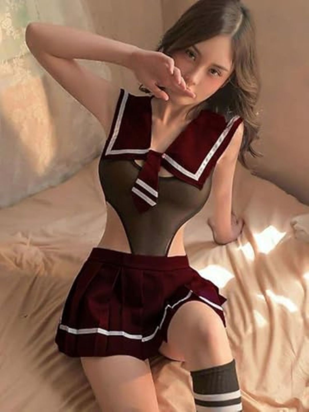 140-Maroon Sheer Mesh Schoolgirl-Inspired Babydoll Set