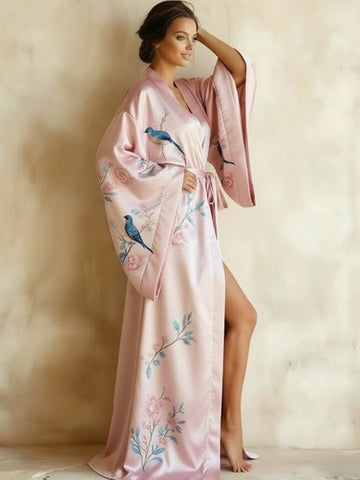 11027 - Women Blush Pink Floral & Bird Print Satin Kimono Style Night Robe