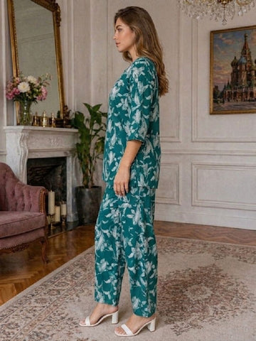 11055-Women White Floral Printed Night Suit Set