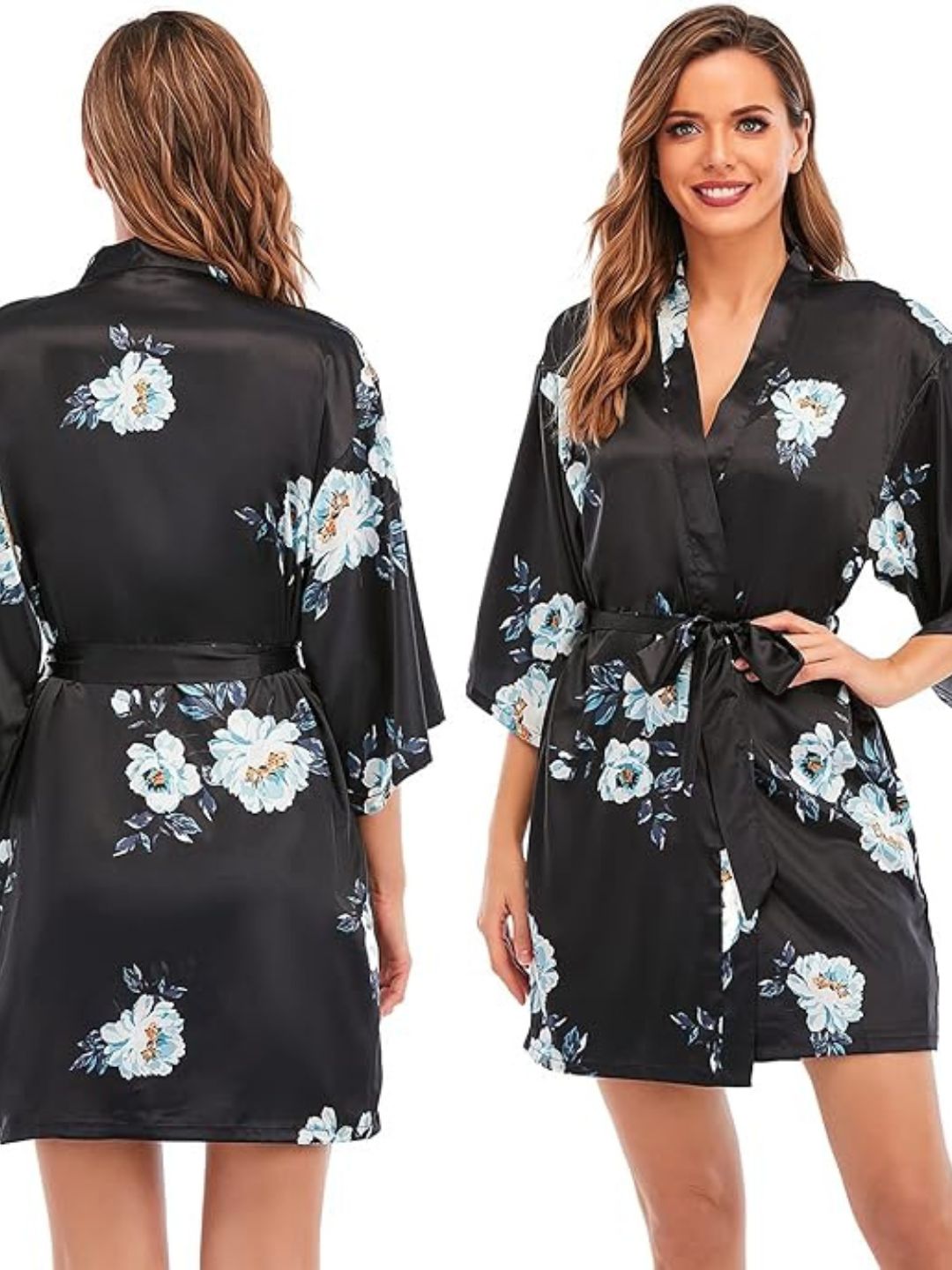 93 BLACK-Women's Satin Floral Nightdress and Robe Set