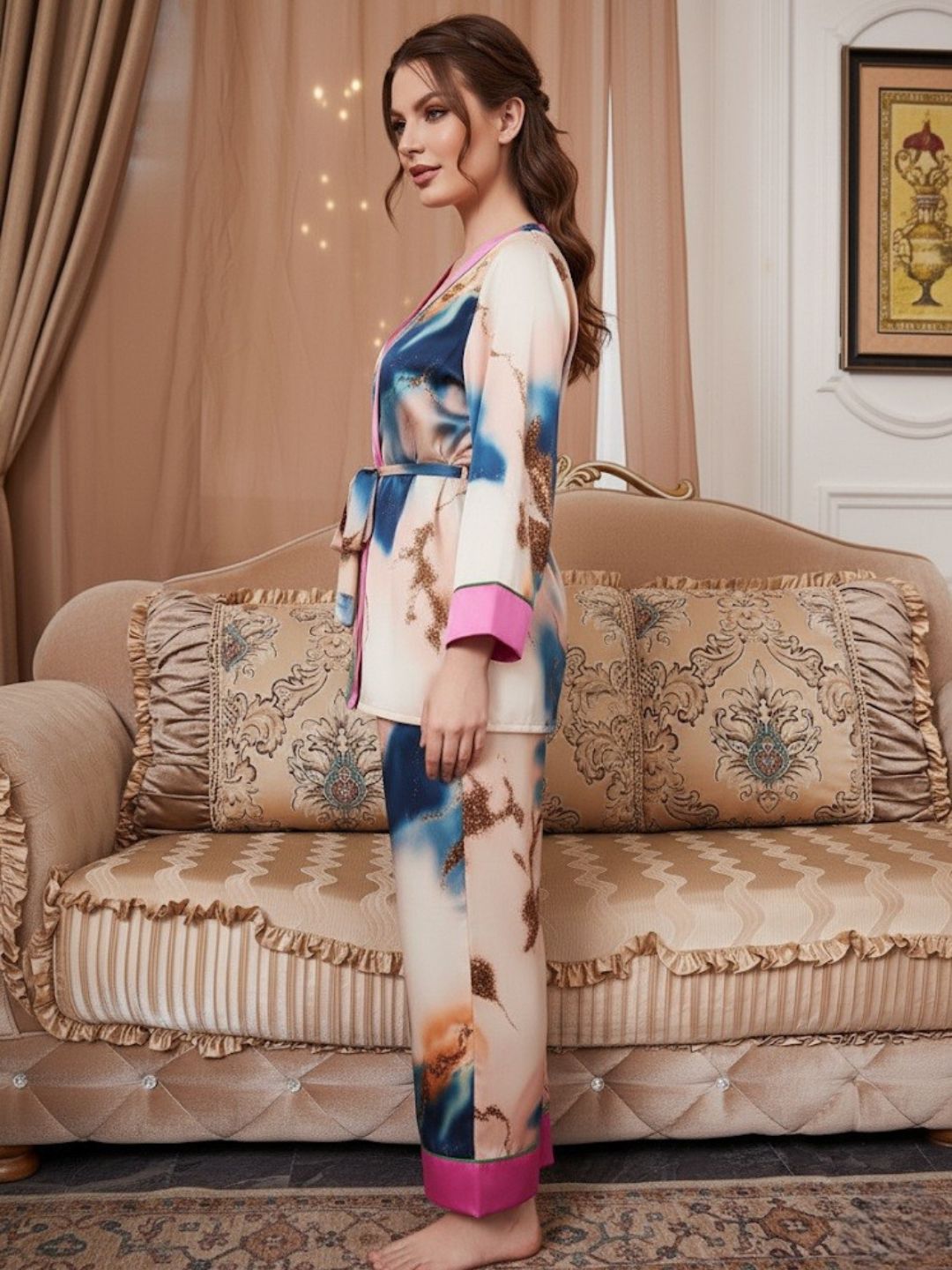 11009-Women’s Satin Floral Pajama Set with Matching Robe – Luxury Sleepwear Loungewear Set