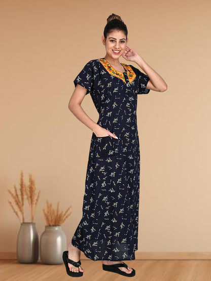1903-Women's Pure Cotton Blended Printed Maxi Dress for Daily & Night Wear Floral Nighty