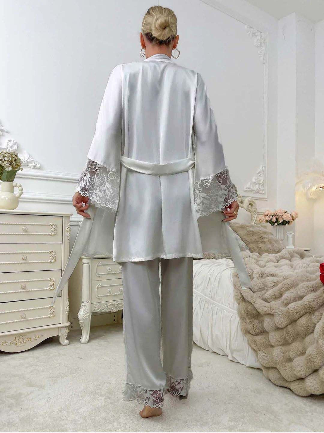 11002-White Satin Nightwear Set with Lace Trim | Luxury Sleepwear For Women