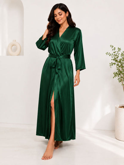 11006- Bottle Green Glamorous Satin Nightwear Robe – Soft & Silky Feel