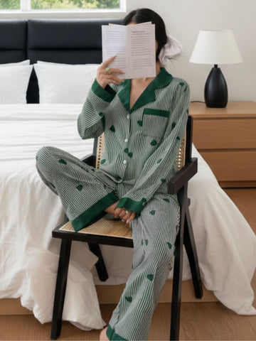 11016-Women Green & White Striped Heart Print Comfortable Shirt & Pyjama Nightwear Set