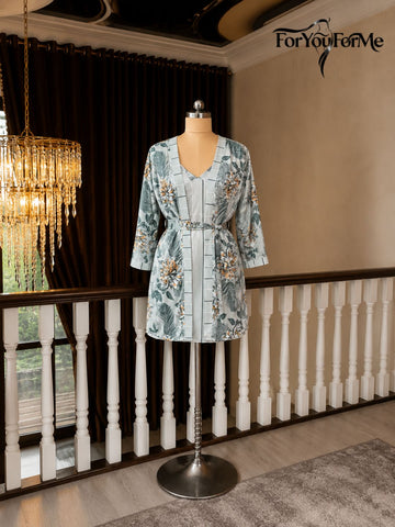 11022 - Women Grey Satin Slip Nightdress with Floral Print Robe