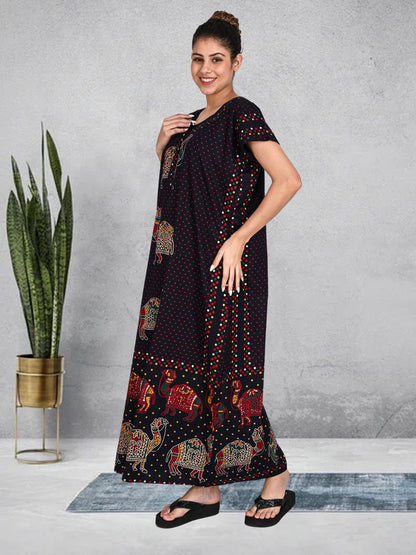 1450-Women's Pure Cotton Blended Printed Maxi Dress for Daily & Night Wear Floral Nighty