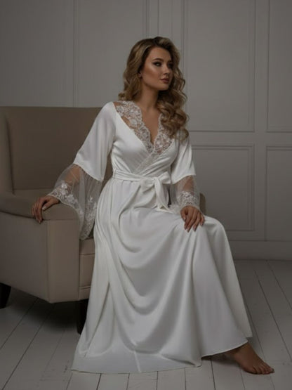 11028-Elegant Lace Trim Bridal Robe with Flared Sleeves