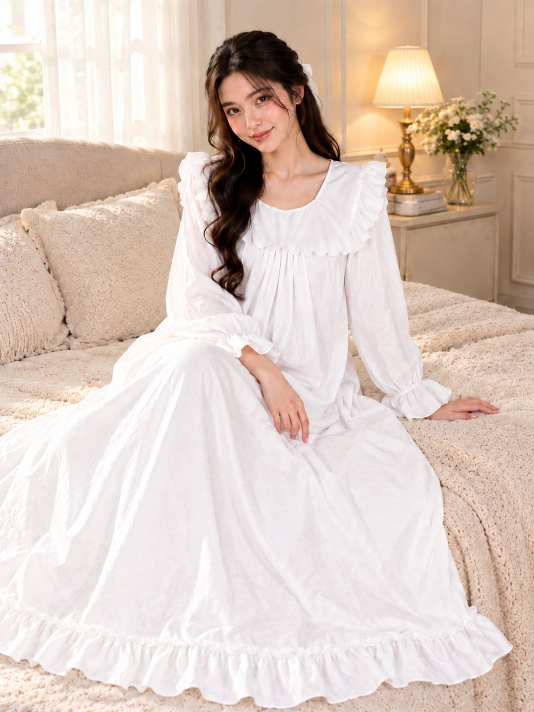 11063-Womens Satin Ruffled Full Length Nightdress