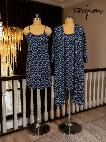 11008- Navy Satin Nightwear Set with Long Robe and Cowl Neck Slip Dress for Women